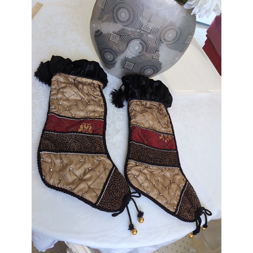Vtg Christmas Stockings Villa Bacci Set Two Black Gold Stockings Rhinestone LG